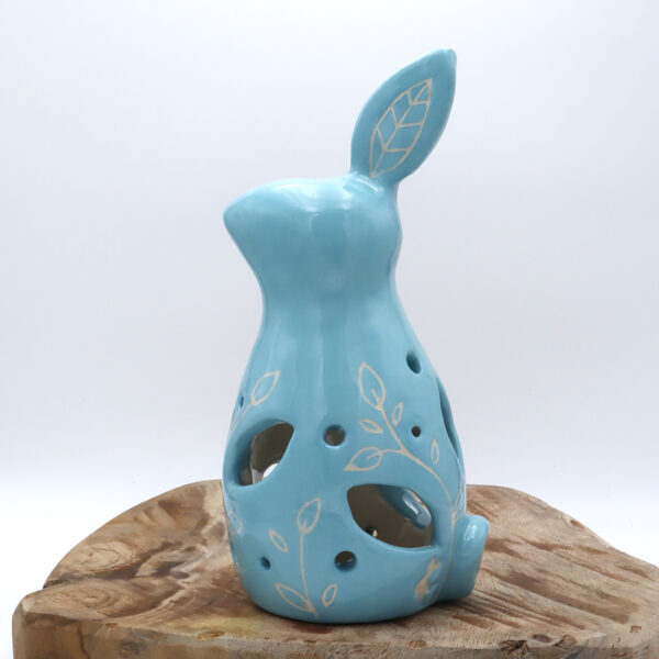Photophore bleu en céramique en forme de lapin