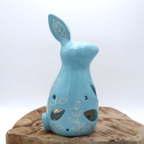 Photophore bleu en céramique en forme de lapin