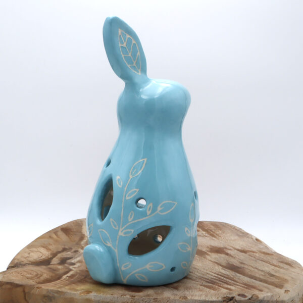 Photophore bleu en céramique en forme de lapin