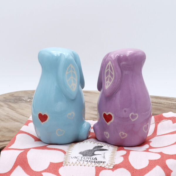 Couple de lapins en céramique bleu et lilas