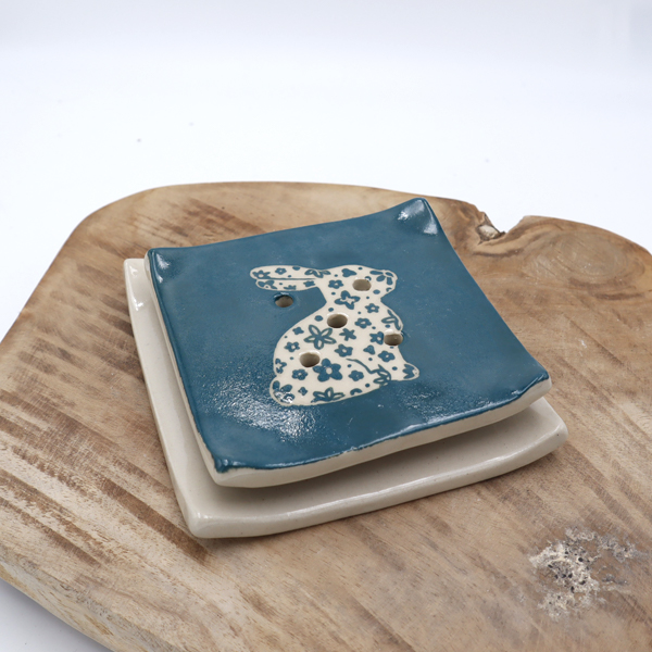 Porte-savon Bunny bleu vert en grès avec soucoupe #51 - Défauts